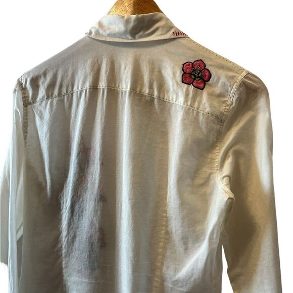 Cream Lightweight Semi Sheer Embroidered Snap Button Collared Shirt 42 - Picture 5 of 8